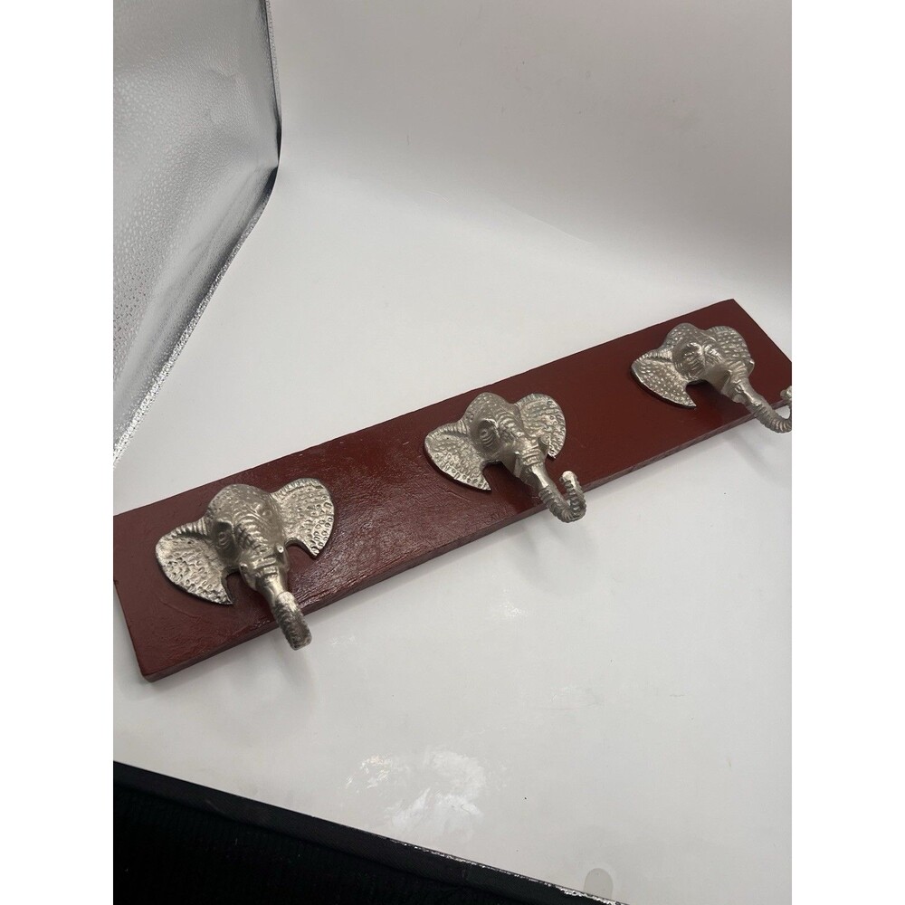 Elephant Head Wall Hook Rack 3 Silver Tone Trunk Hooks Wood 20” Boho Safari